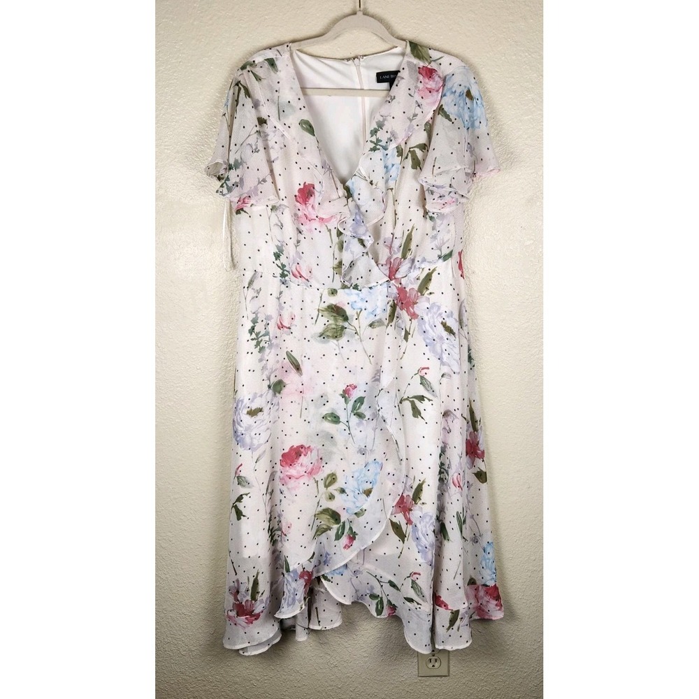 Lane Bryant Midi Dress Size 16 Petite White Floral Ruffle V Neck Whimsical Flowy